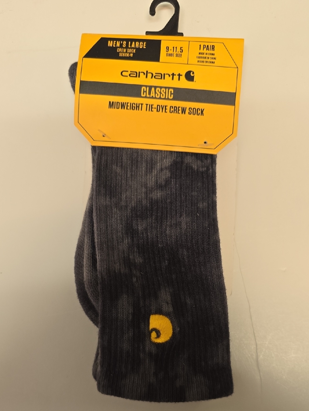 Carhartt Men's Tie-Dye Crew Socks in Black with Yellow Logo